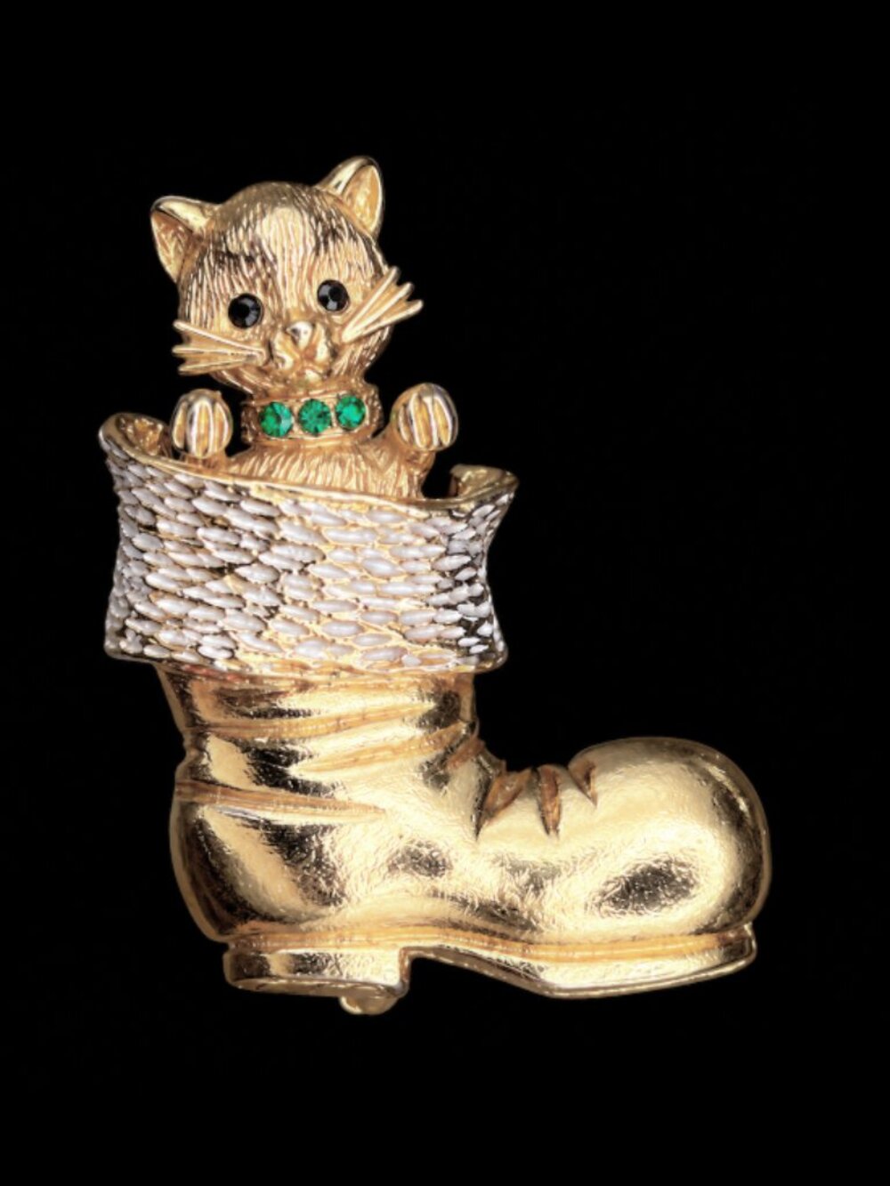 Midcentury Christmas Kitten in Boot MYLU Brooch in Gift Box Gold Rhinestones